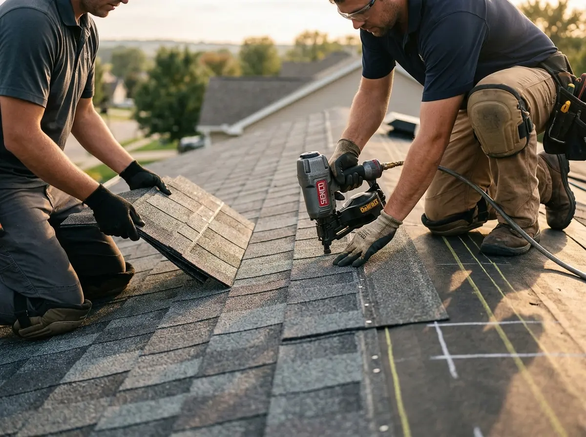Professional roofer working on a residential roof in Monee